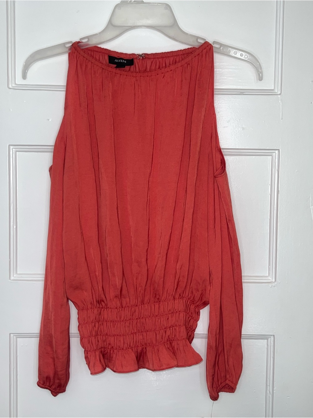 Alfani Petite Small Coral Off-Shoulder Long Sleeve Top